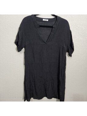 Aimage Womens Black Crinkle Short Sleeve V-Neck Tunic Dress Size Small
